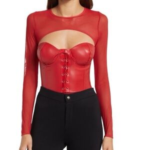 Oppa Vegan Faux Leather Mesh Corset Bustier Lace Up Bodysuit Red Sz M